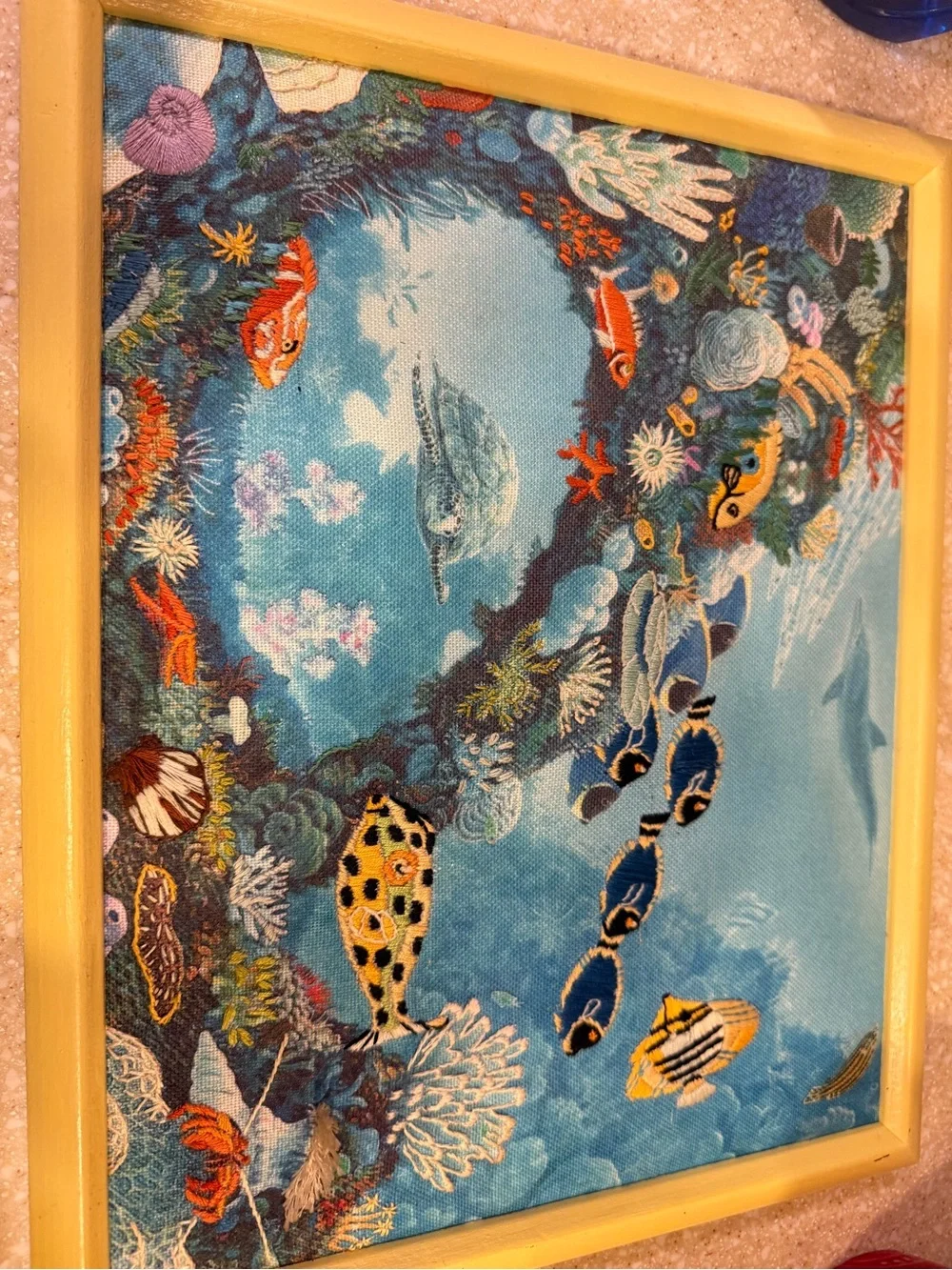 Unique Tropical Fish Reef Needle Point Embroidered Wall Art in Blue and Yellow